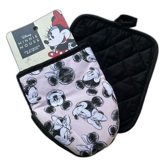 DISNEY Minnie Mouse Mini Oven Mitts and Pot Holder Pink and Black Set - Picture 1 of 12
